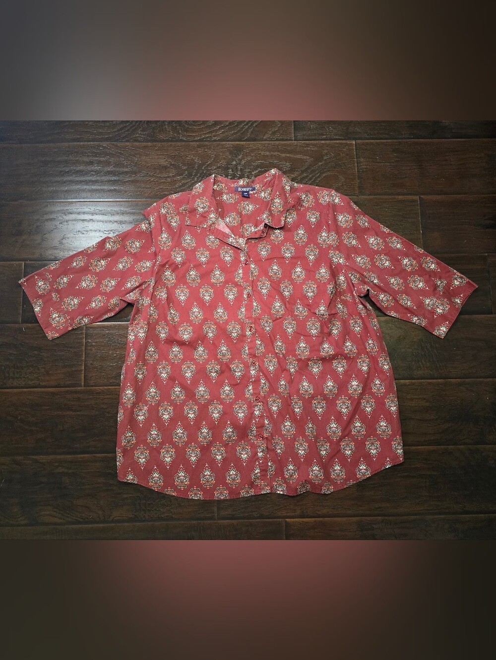 Roamans Women Red Printed Button Up Casual Collared Plus Size Top 26W